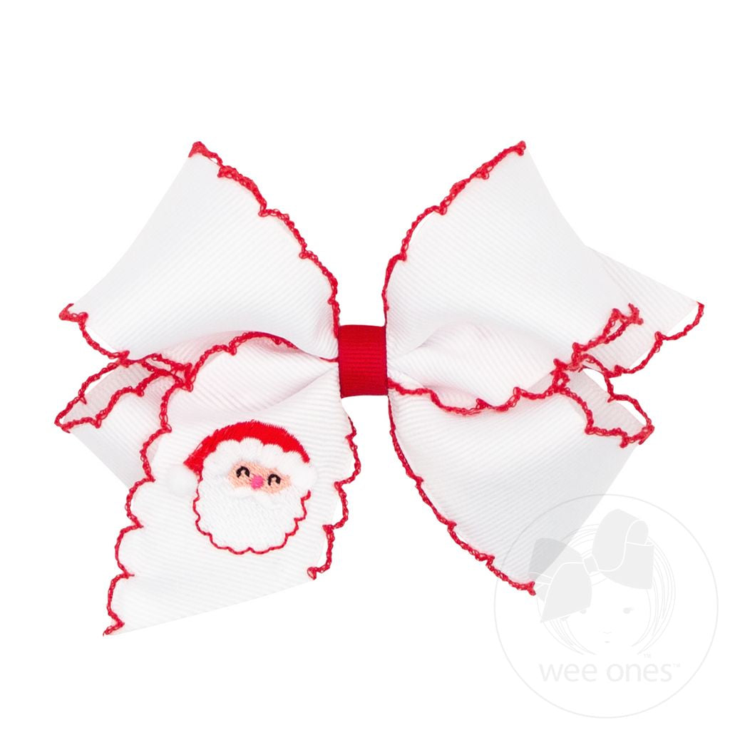 Wee Ones white w/red Moonstitch Santa Bow- Medium