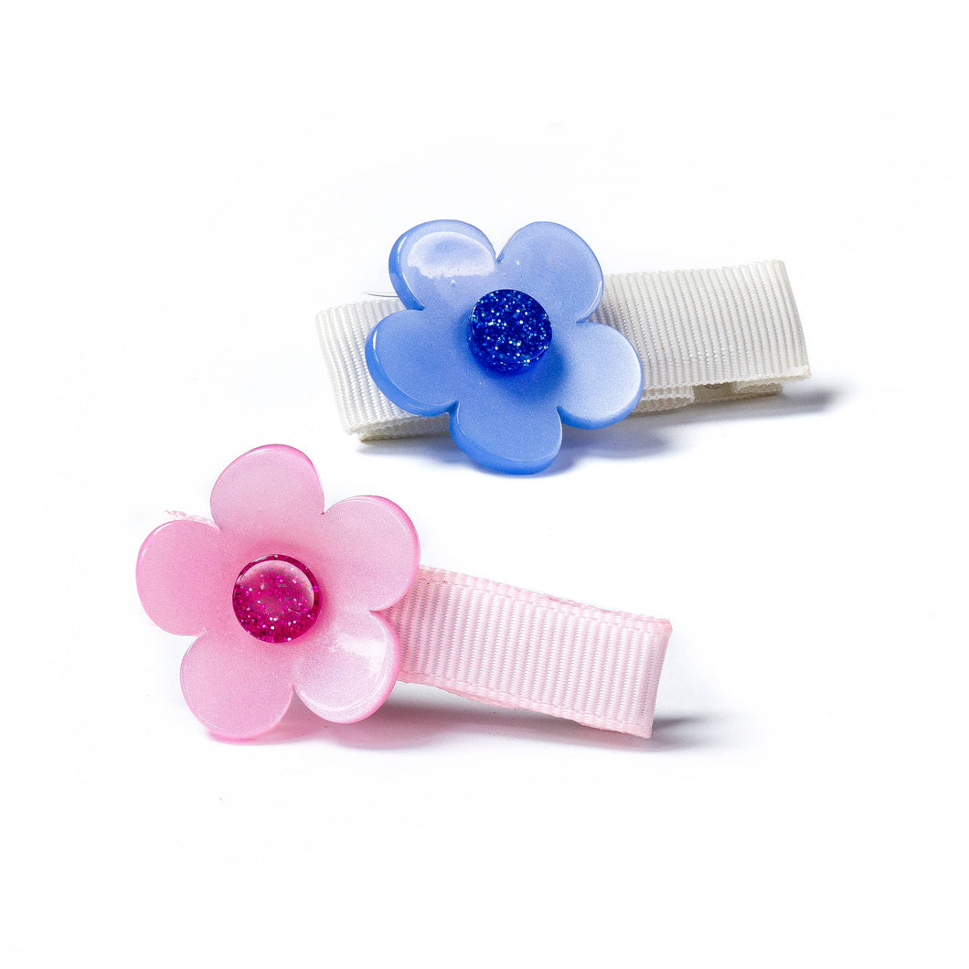 Flower Vania Baby in Satin Blue and Pink Hair Clips