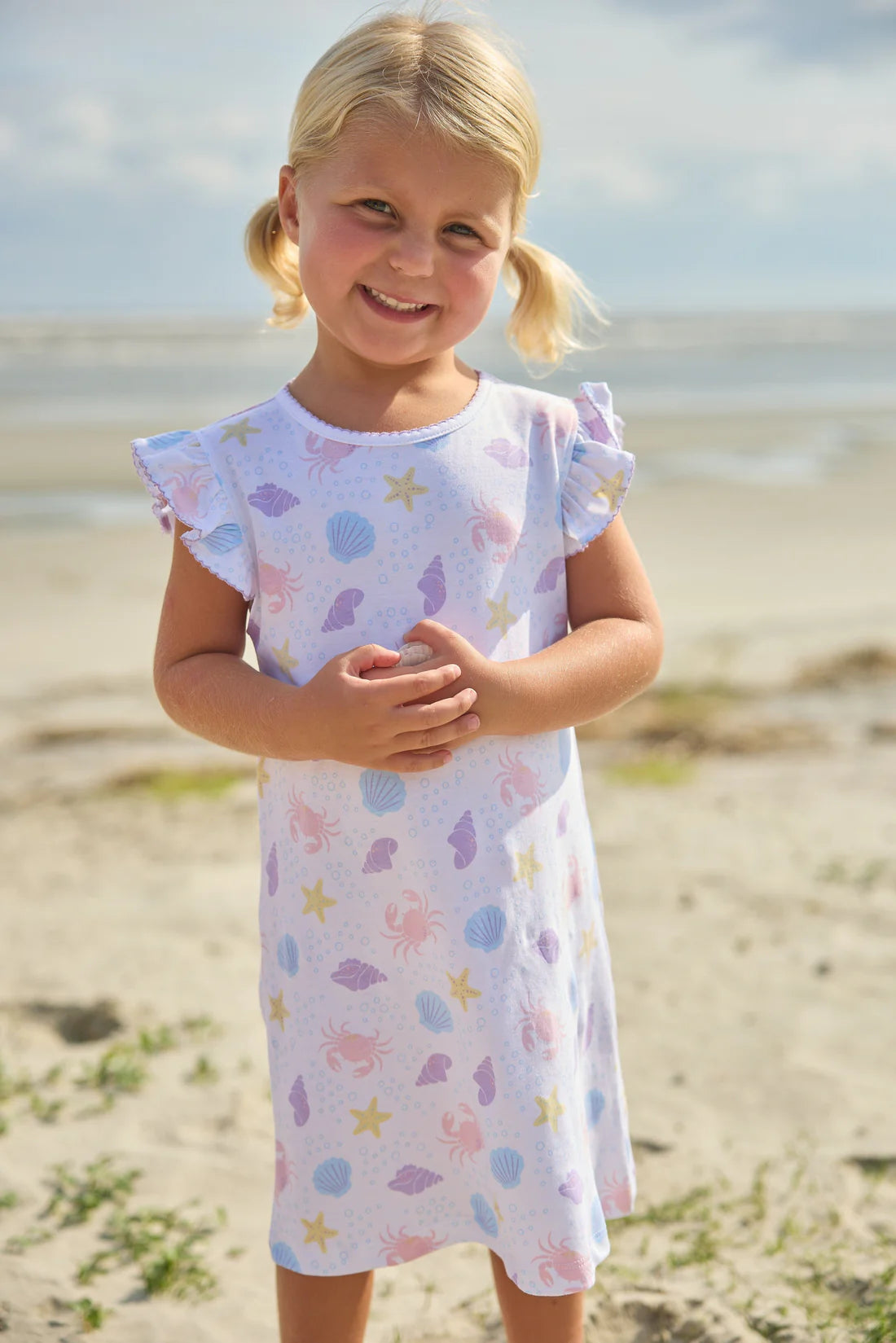 Printed Angel Sleeve Dress - Sea Shells