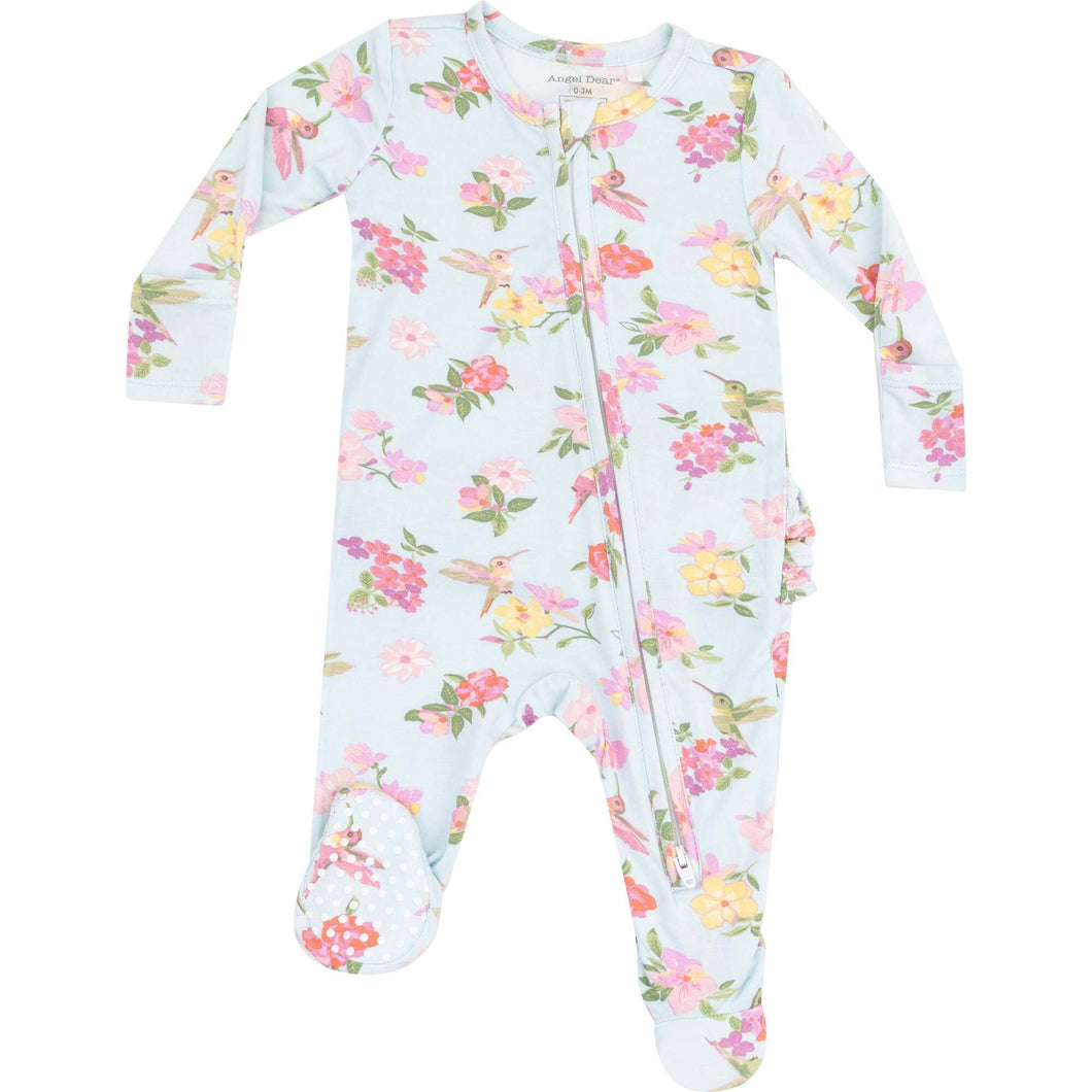 Cute Hummingbirds 2 Way Zipper Ruffle Back Footie