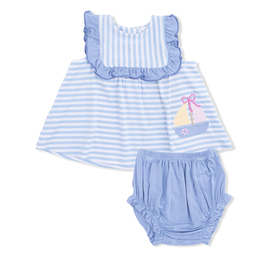 Bubbly Sailboat Stripe- Ruffle Top Bloomer