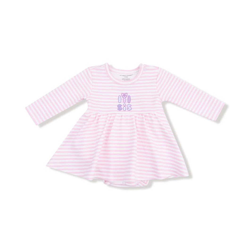 Stripes Sibling Embroidery Lil Sis - Long Sleeve Play Bodysuit Dress