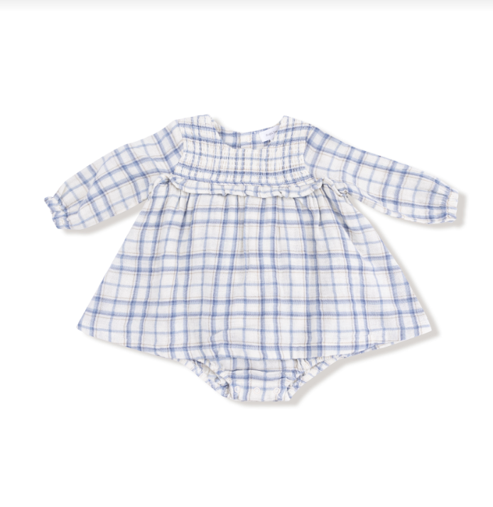 Blue Plaid Long Sleeve Smocked Ruffle Bubble with Skirt