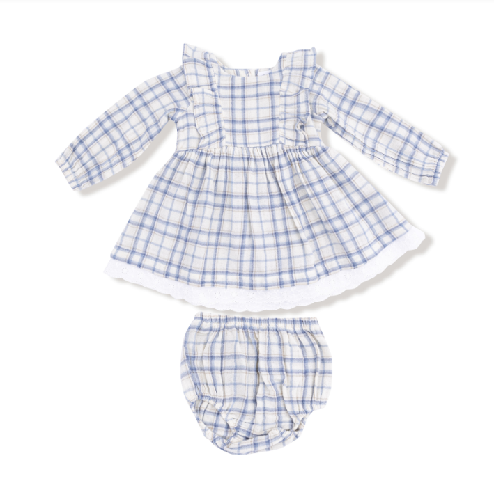 Blue Plaid Long Sleeve Dress with Eyelet