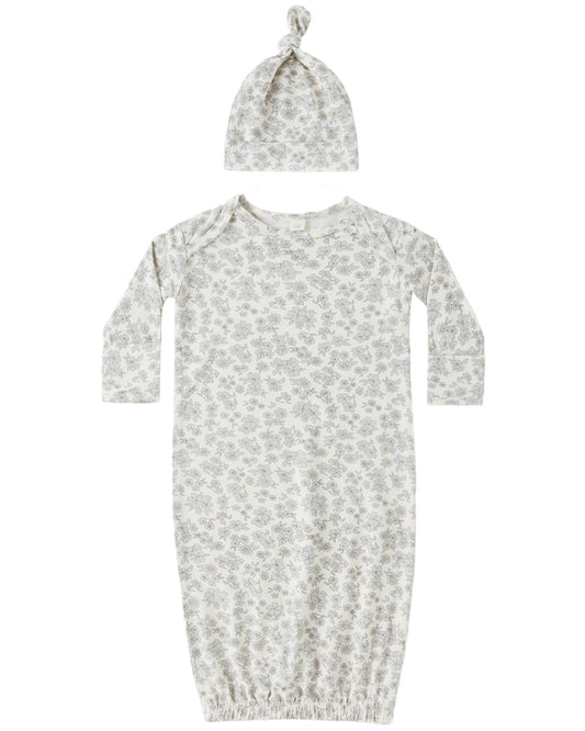 Bamboo Baby Gown + Hat Set || Blue Floral