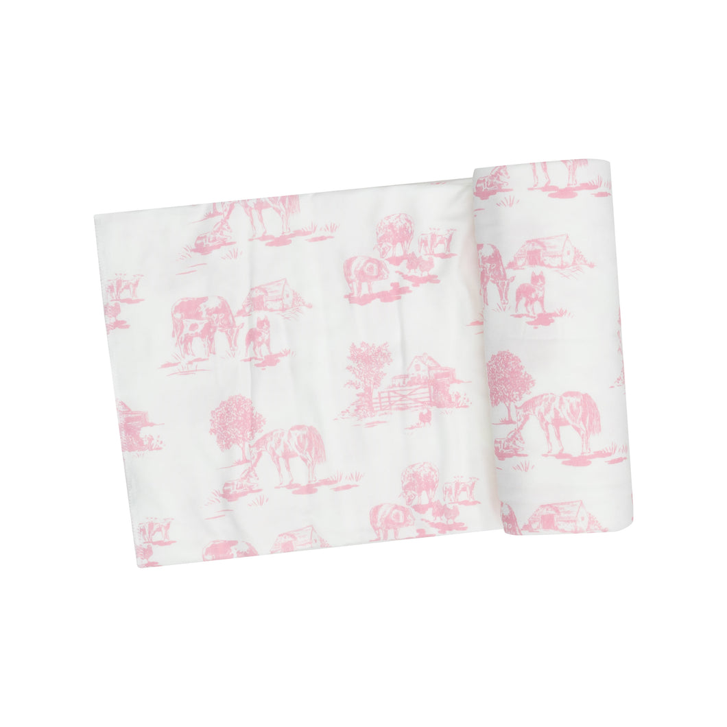 Farm Toile Pink Swaddle Blanket